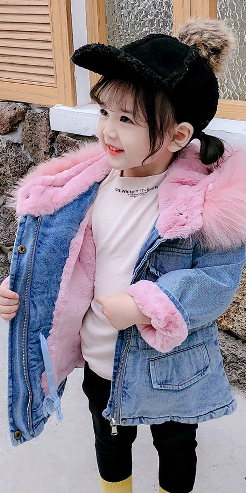 2 Colors Winter Stylish Denim Fur Hooded Winter Coat Jacket Pink and Blue