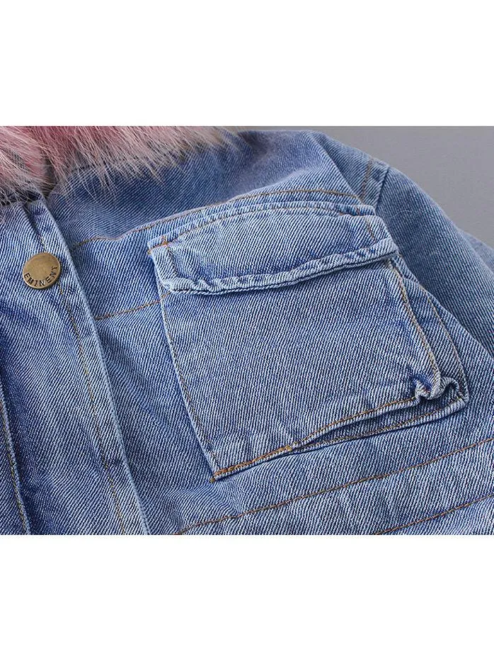 2 Colors Winter Stylish Denim Fur Hooded Winter Coat Jacket Pink and Blue