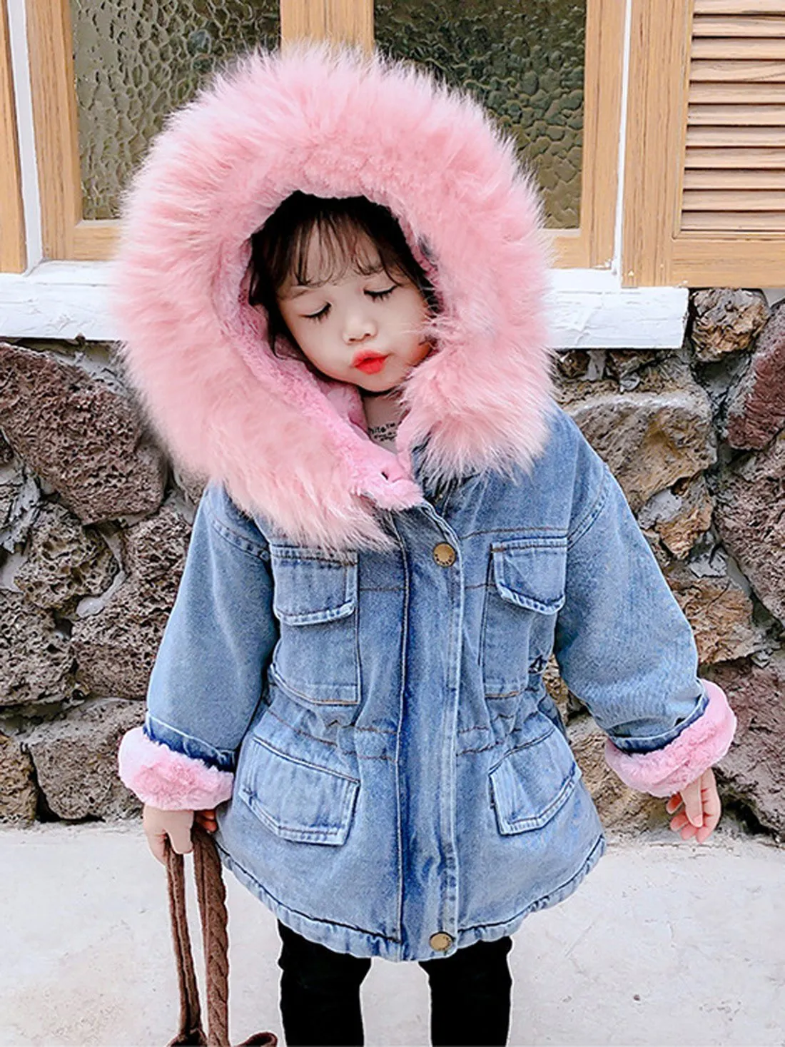 2 Colors Winter Stylish Denim Fur Hooded Winter Coat Jacket Pink and Blue