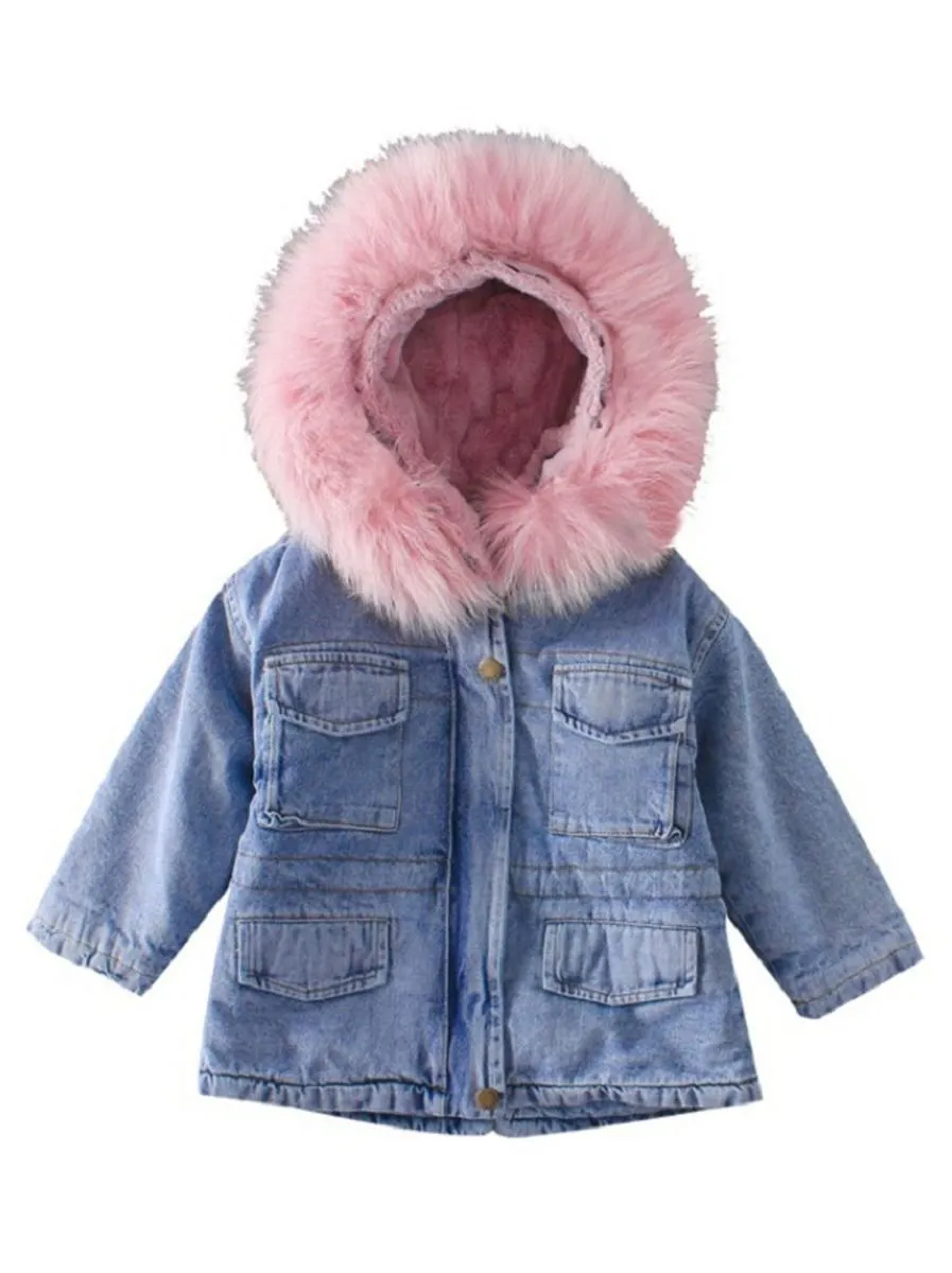 2 Colors Winter Stylish Denim Fur Hooded Winter Coat Jacket Pink and Blue