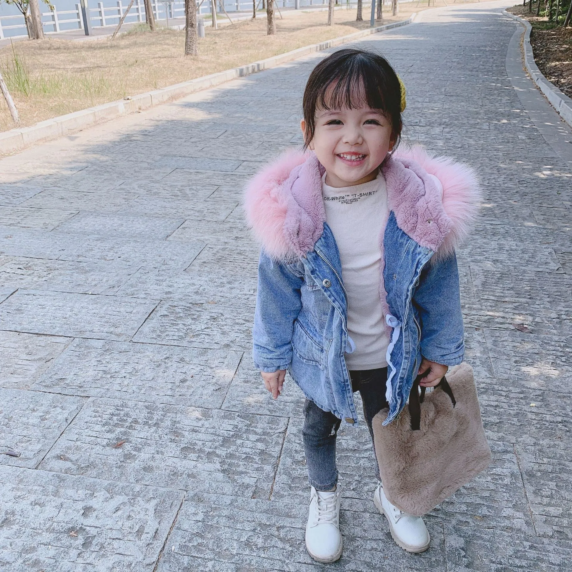 2 Colors Winter Stylish Denim Fur Hooded Winter Coat Jacket Pink and Blue