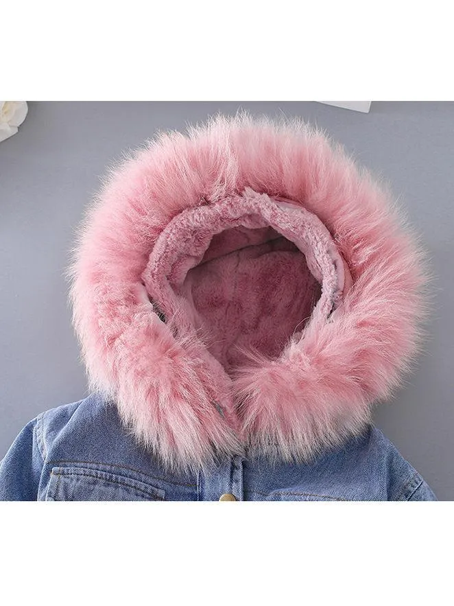 2 Colors Winter Stylish Denim Fur Hooded Winter Coat Jacket Pink and Blue