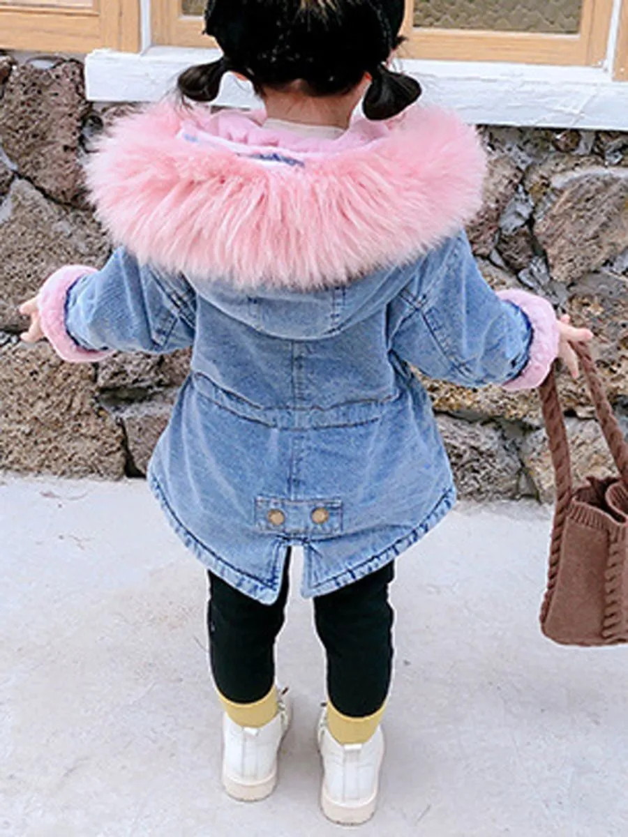 2 Colors Winter Stylish Denim Fur Hooded Winter Coat Jacket Pink and Blue