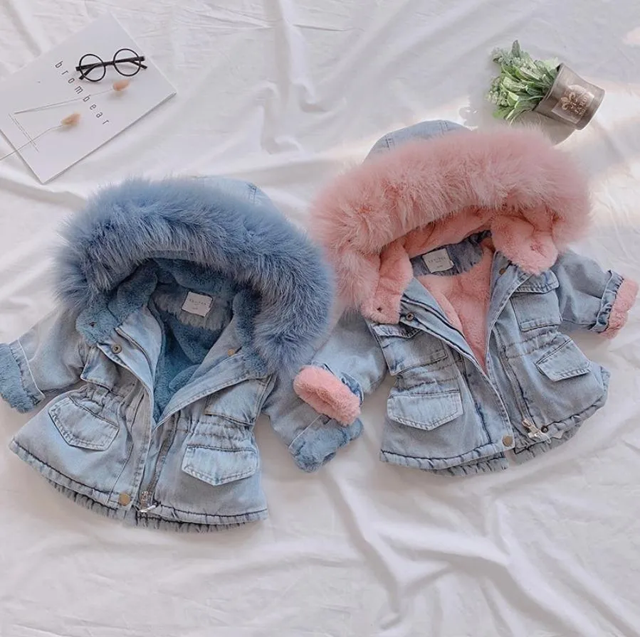 2 Colors Winter Stylish Denim Fur Hooded Winter Coat Jacket Pink and Blue