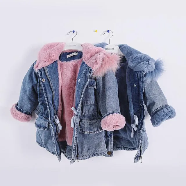 2 Colors Winter Stylish Denim Fur Hooded Winter Coat Jacket Pink and Blue