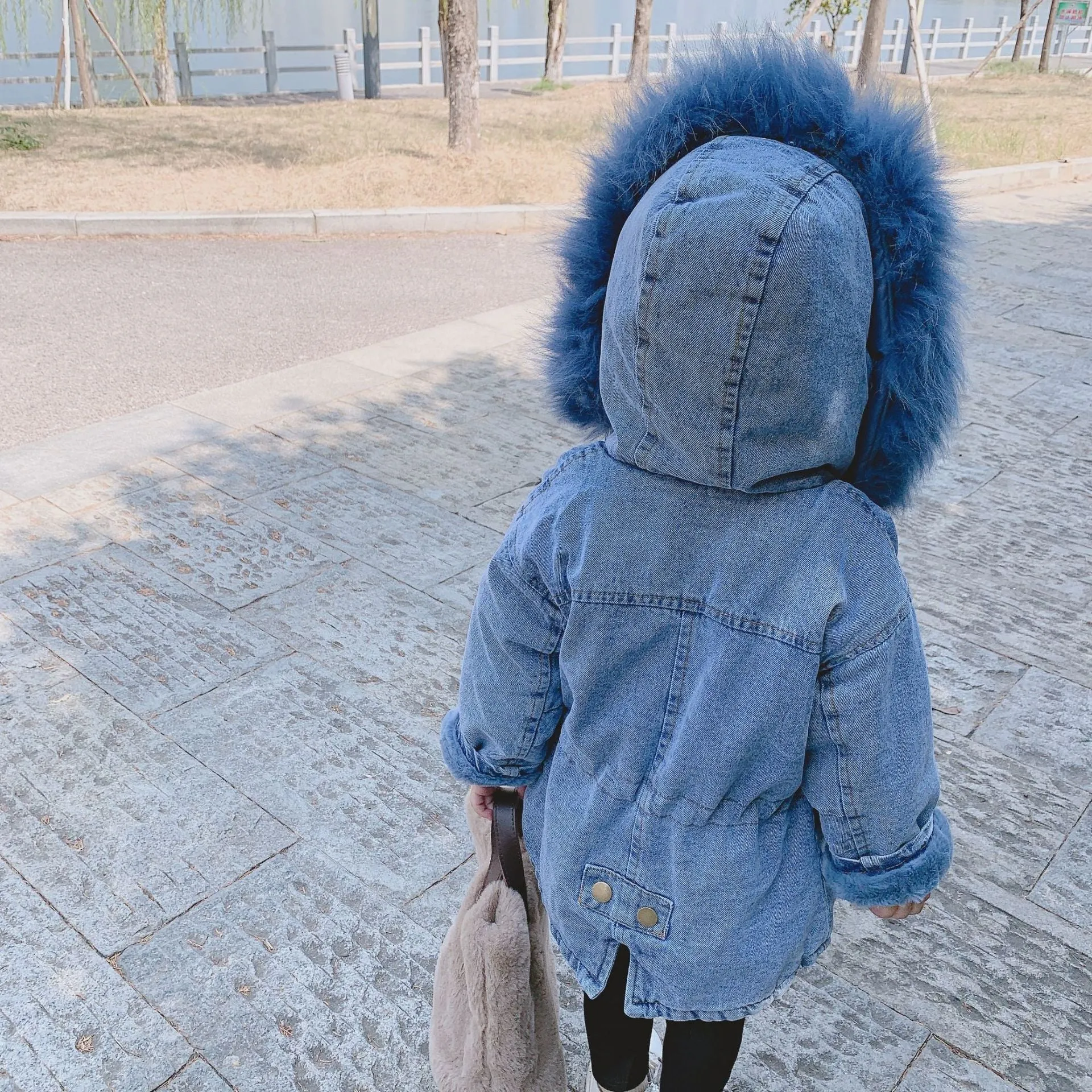 2 Colors Winter Stylish Denim Fur Hooded Winter Coat Jacket Pink and Blue