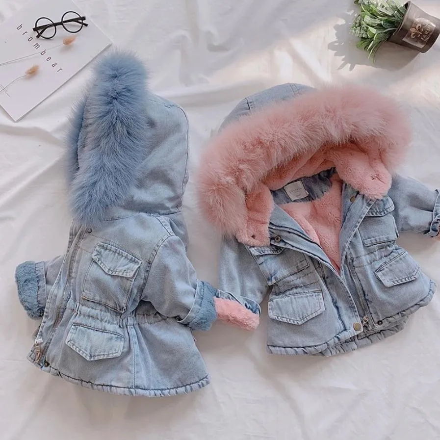 2 Colors Winter Stylish Denim Fur Hooded Winter Coat Jacket Pink and Blue