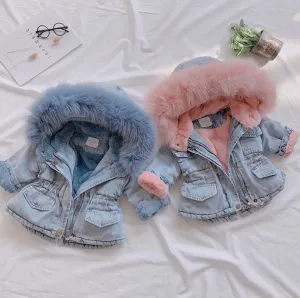 2 Colors Winter Stylish Denim Fur Hooded Winter Coat Jacket Pink and Blue