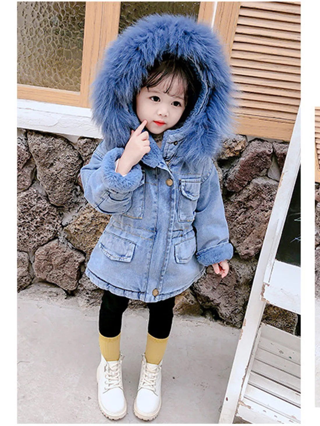 2 Colors Winter Stylish Denim Fur Hooded Winter Coat Jacket Pink and Blue