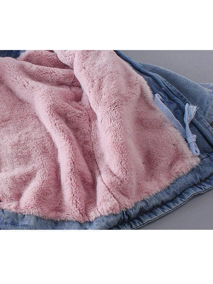 2 Colors Winter Stylish Denim Fur Hooded Winter Coat Jacket Pink and Blue