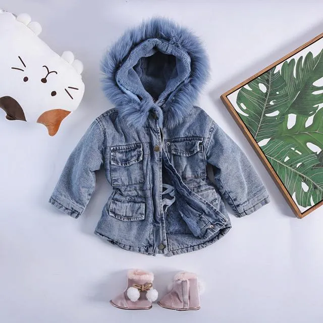 2 Colors Winter Stylish Denim Fur Hooded Winter Coat Jacket Pink and Blue