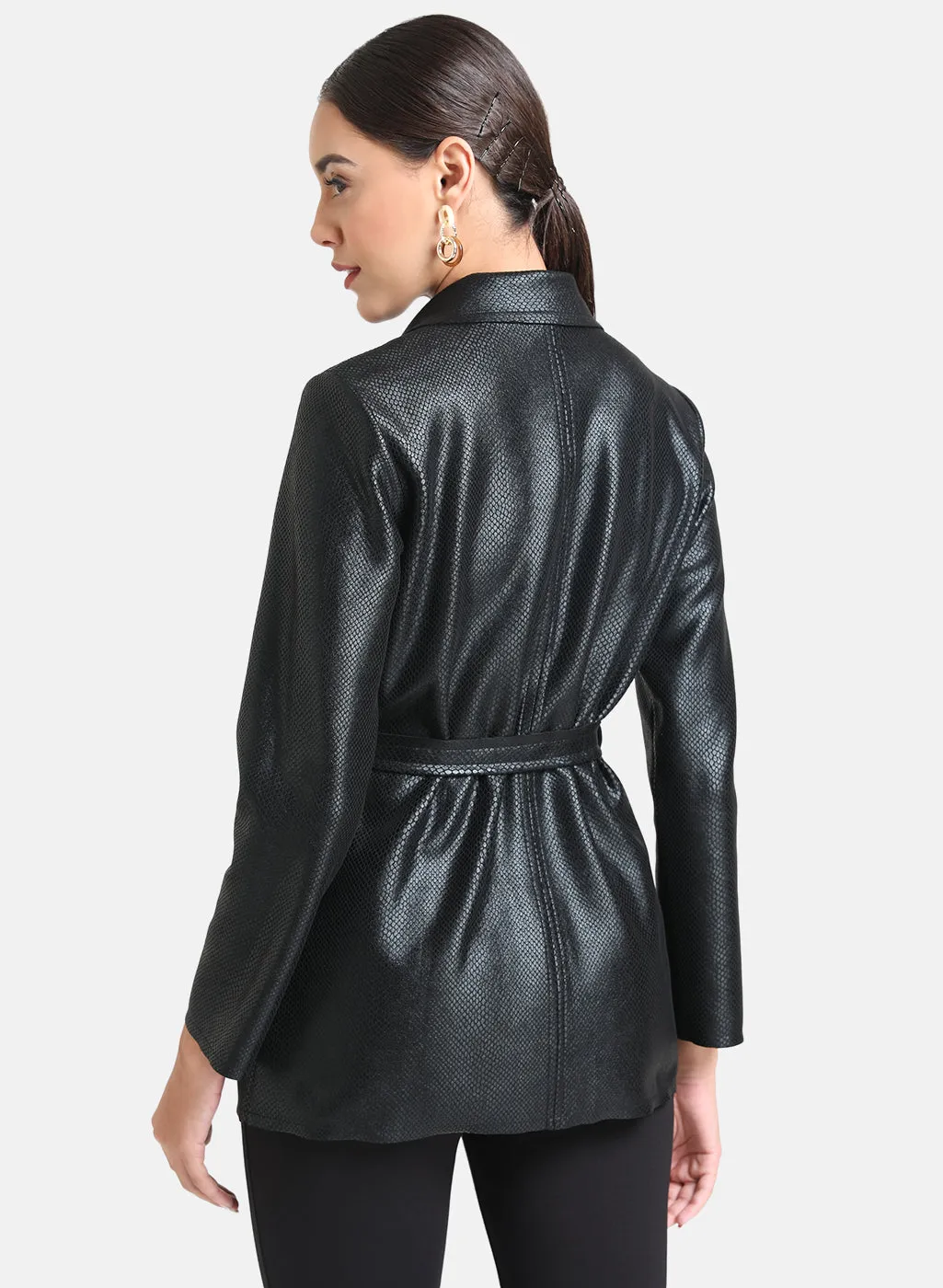 Animal Textured  Pu Jacket With Belt