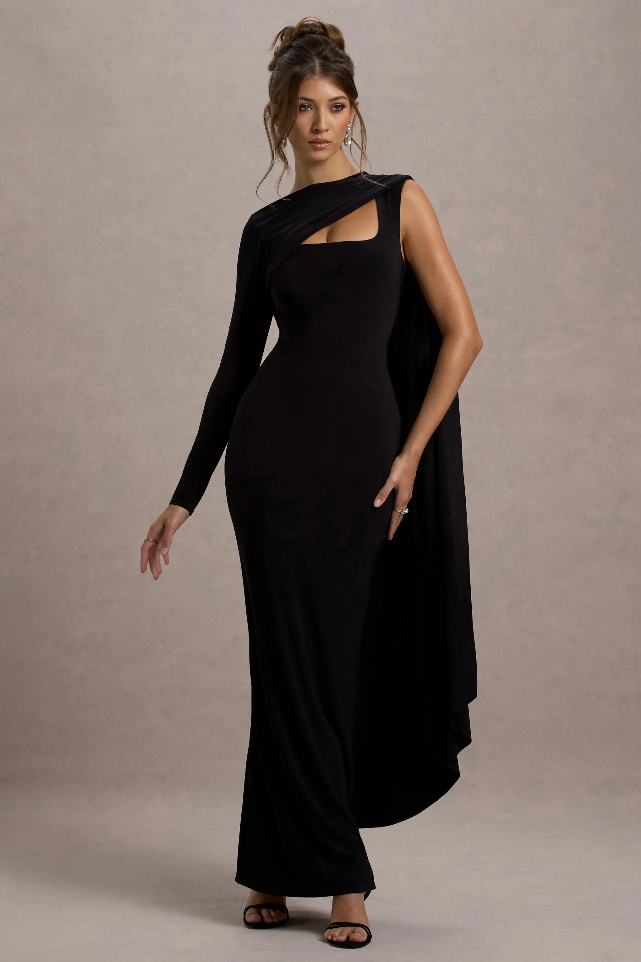 Ashini | Black One-Sleeve Maxi Dress With Cape