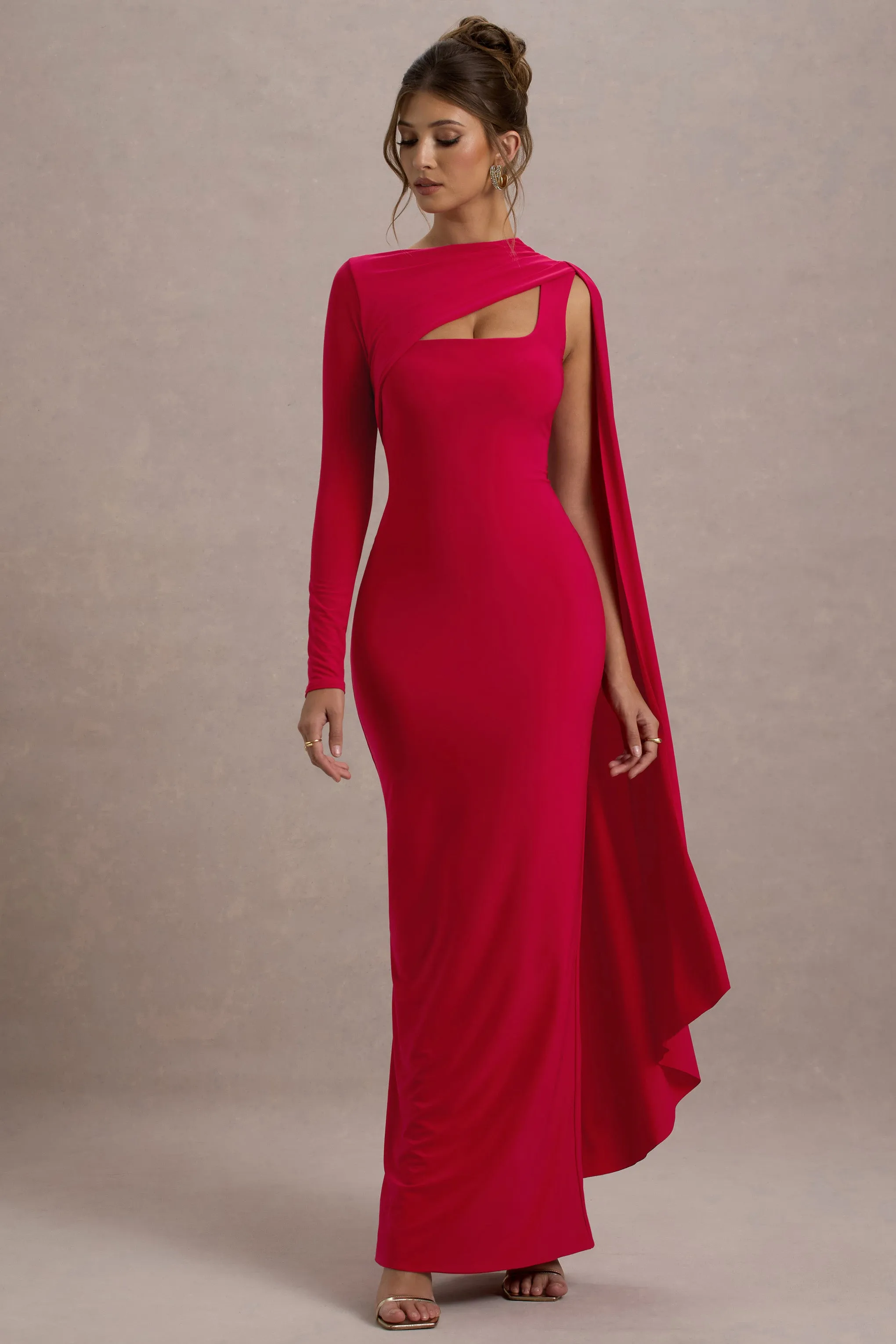 Ashini | Red One-Sleeve Maxi Dress With Cape