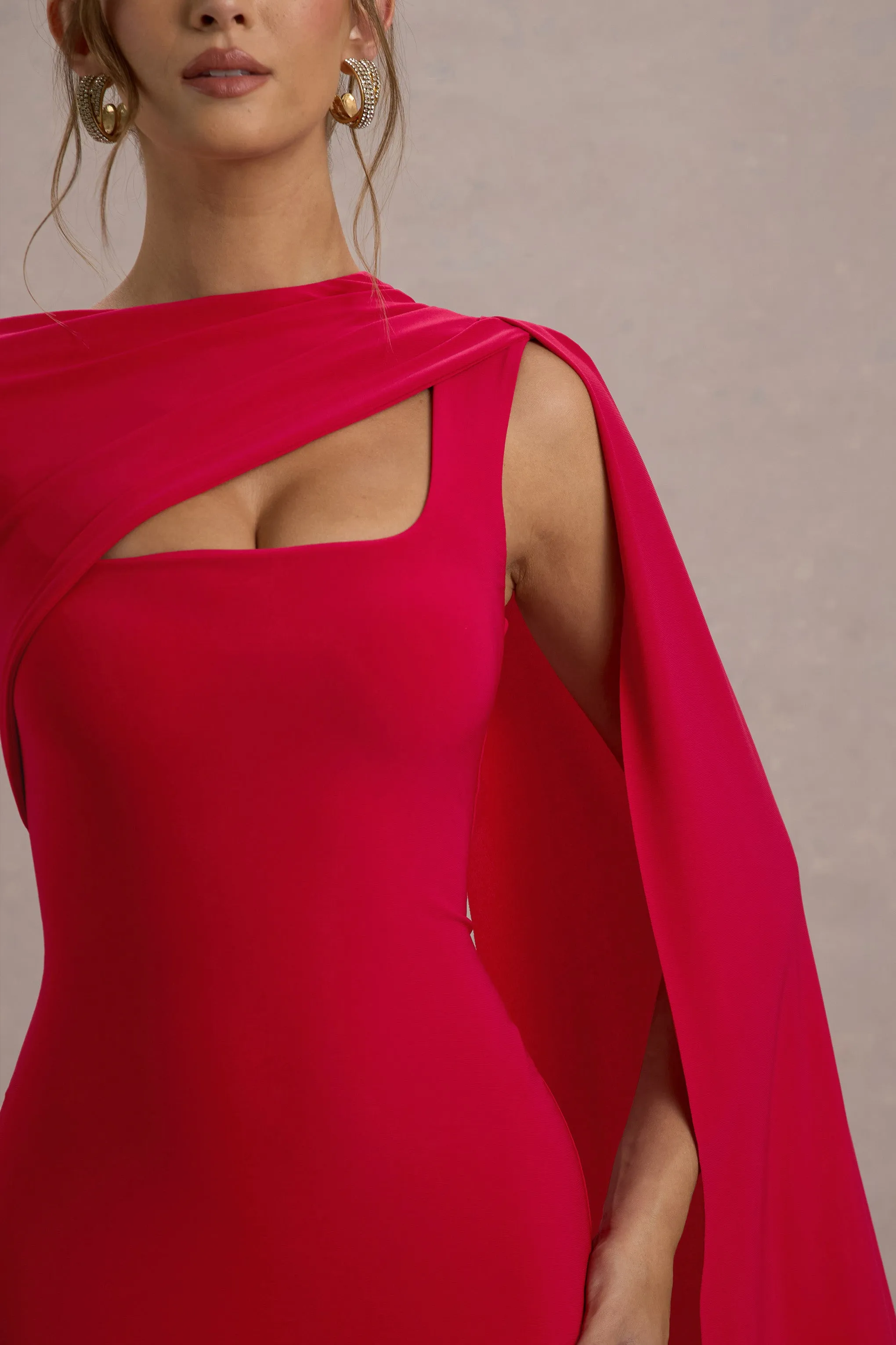 Ashini | Red One-Sleeve Maxi Dress With Cape