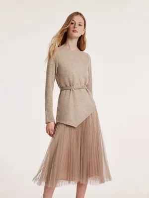 Asymmetrical Hem Top And Tulle Women Skirt With Belt Two-Piece Set