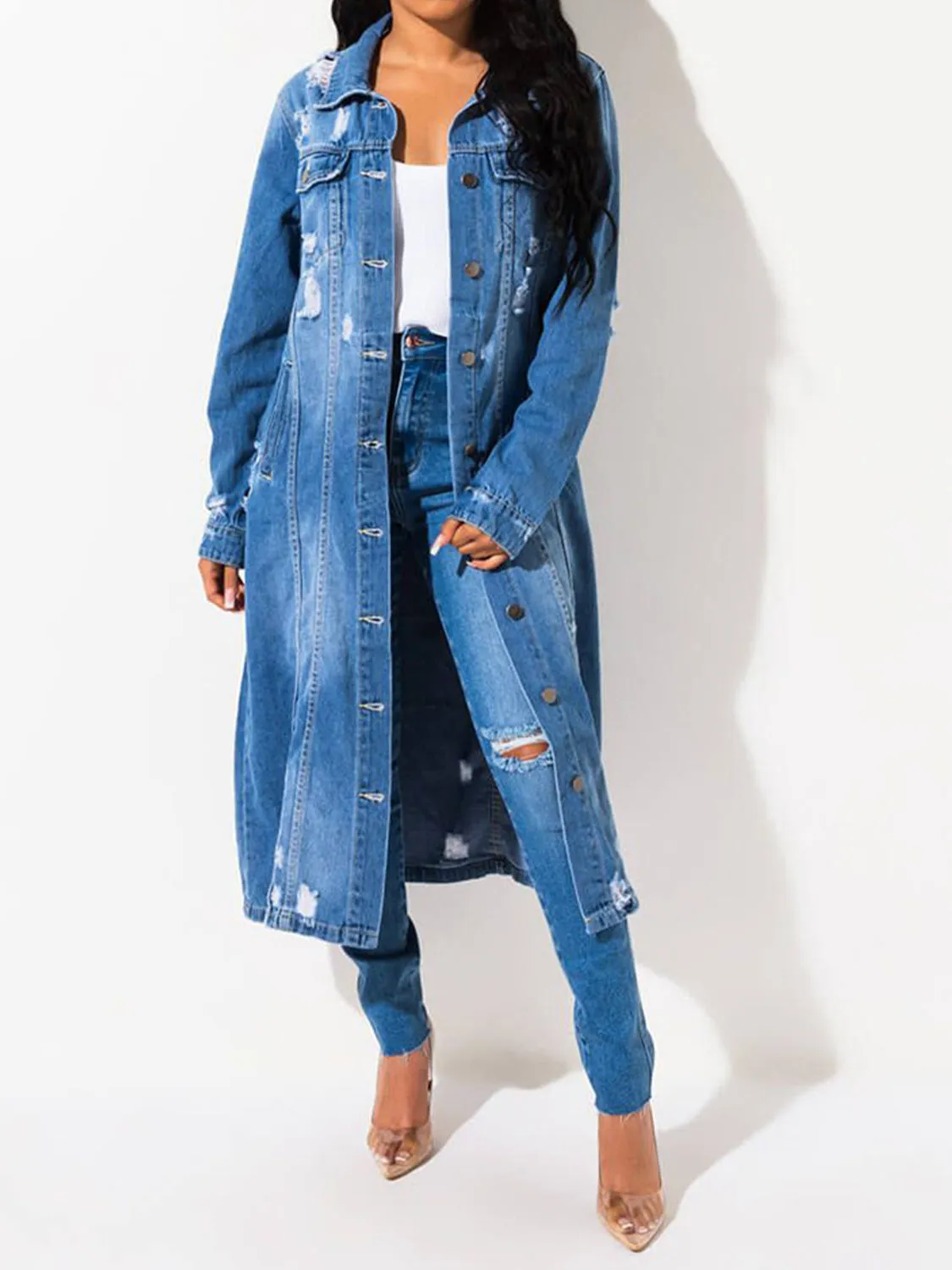 Begin The Show Long Sleeve Raw Hem Denim Midi Jacket