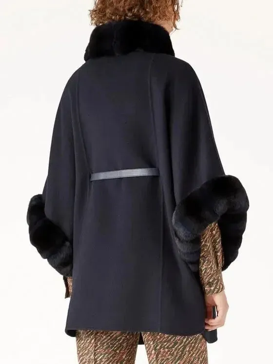 Black Leather-Belted Fur-Trim Cashmere Cape Coat