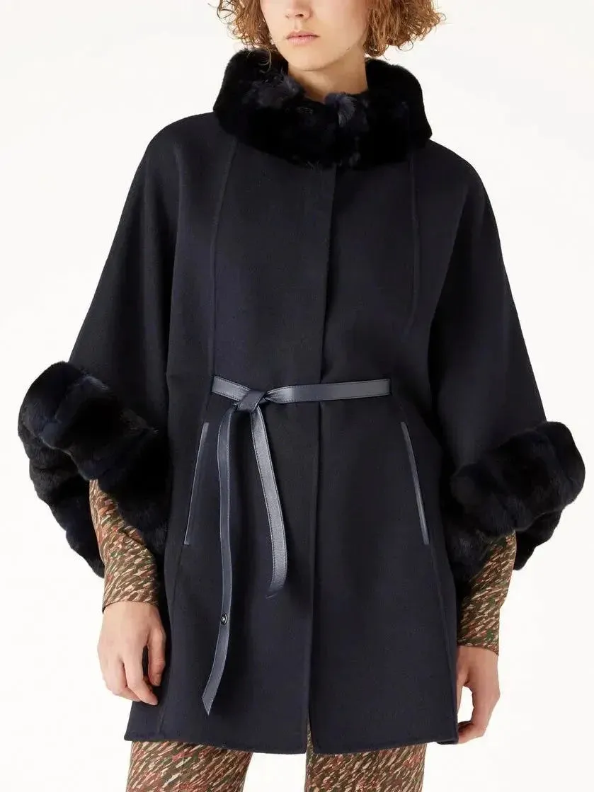 Black Leather-Belted Fur-Trim Cashmere Cape Coat