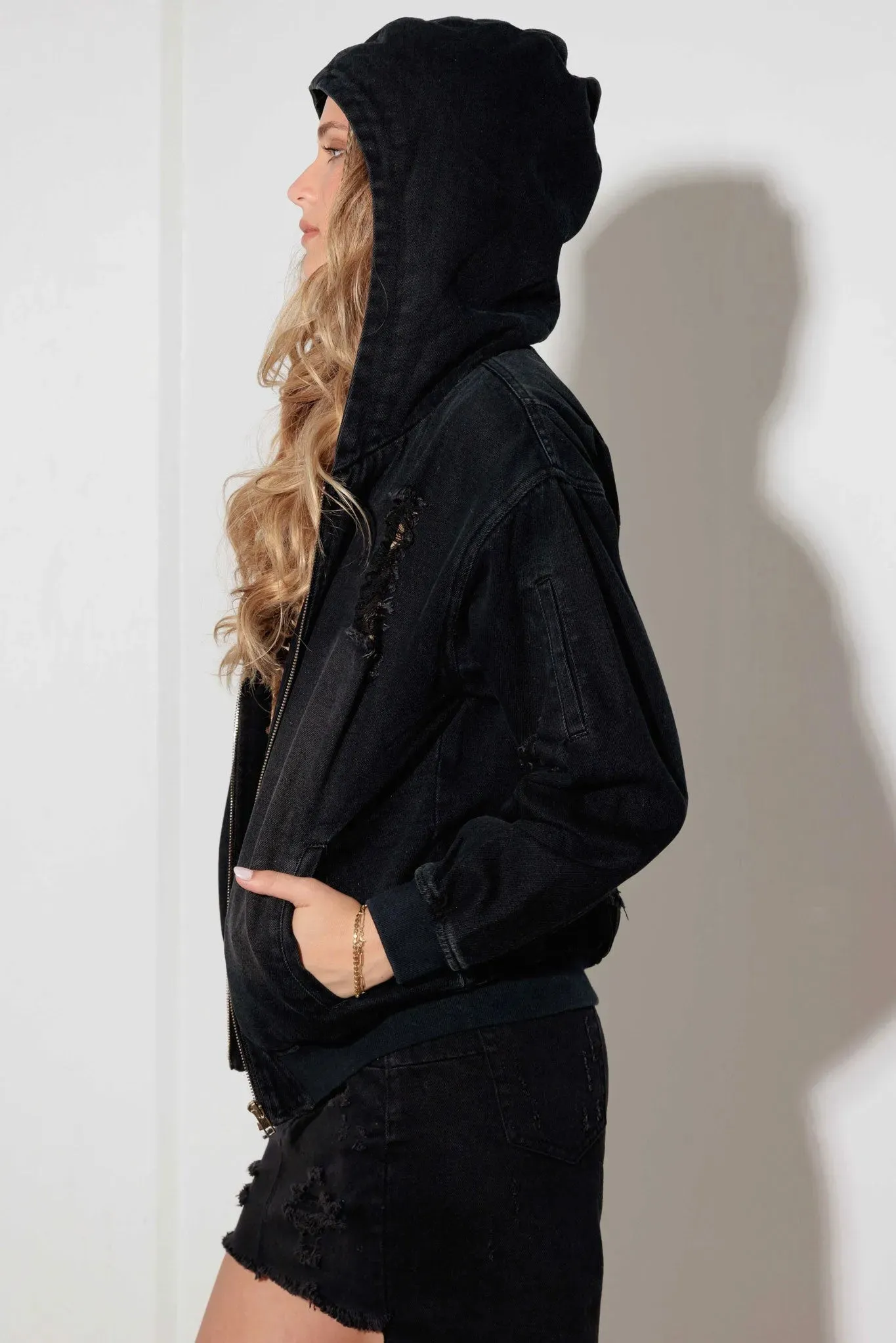 Black Sherpa-Lined Distressed Denim Hoodie Jacket