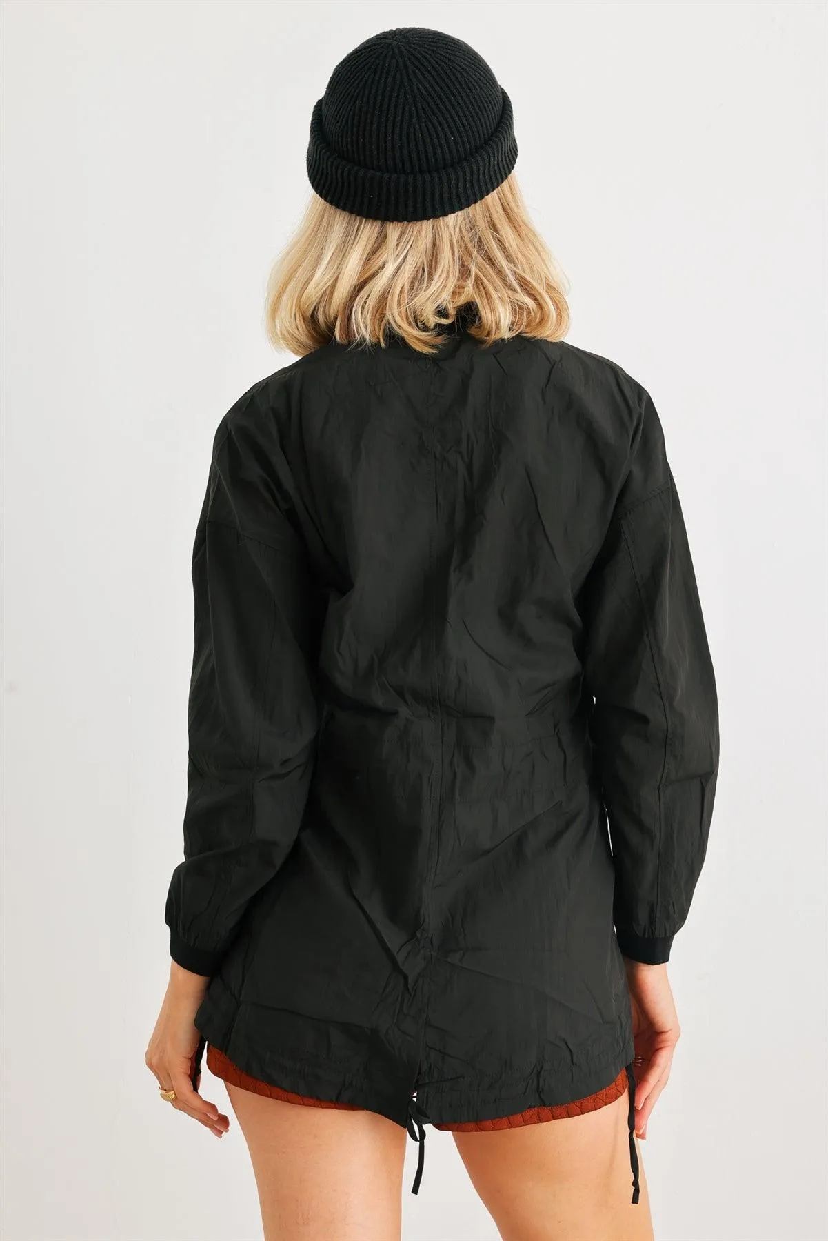 Black Two Way Zipper Drawstring Waist & Hem Coach Jacket /4-2