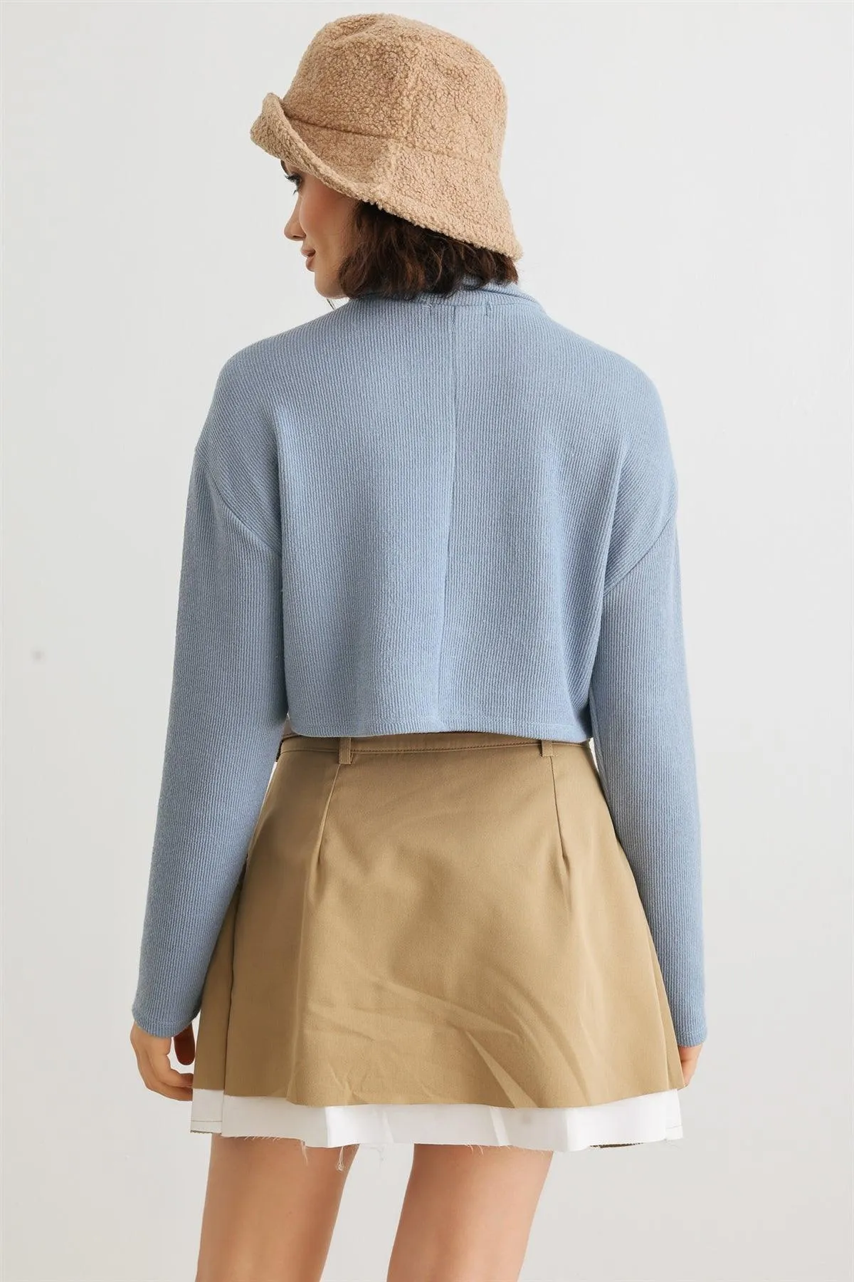 Blue Ribbed Button-Up Long Sleeve Crop Jacket