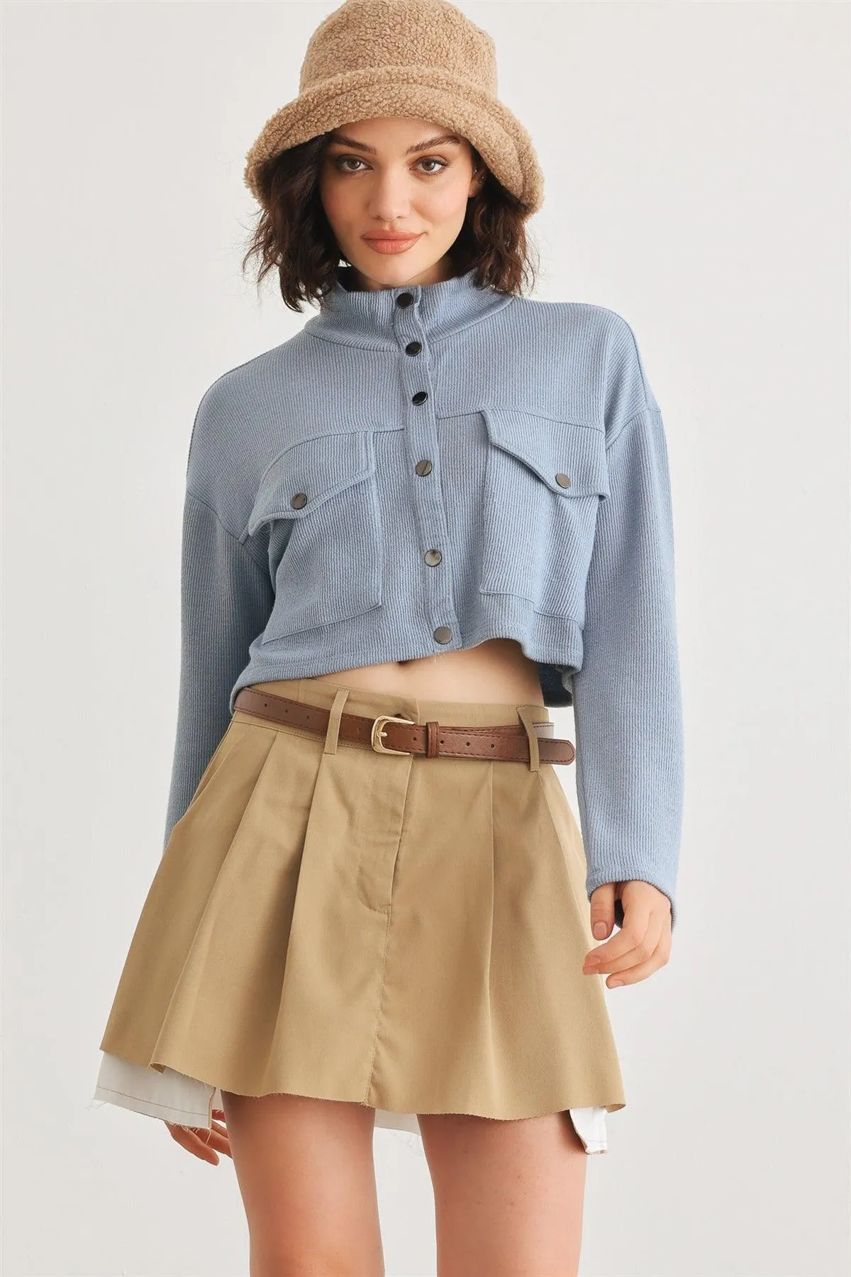 Blue Ribbed Button-Up Long Sleeve Crop Jacket