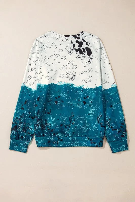 Blue Tie Dye Cow Color Block Pullover Sweatshirt