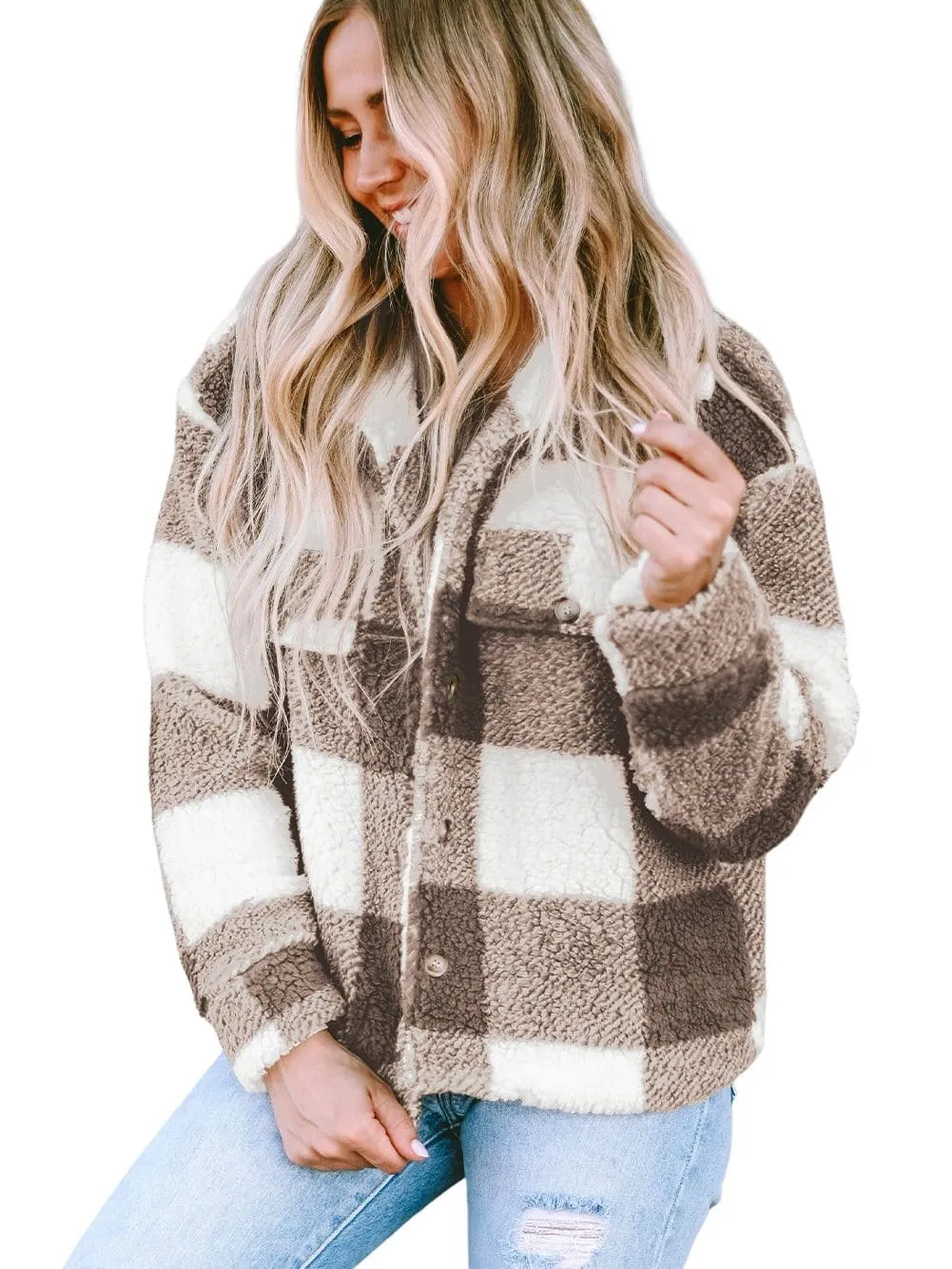 Button-Front Checkered Fleece Jacket