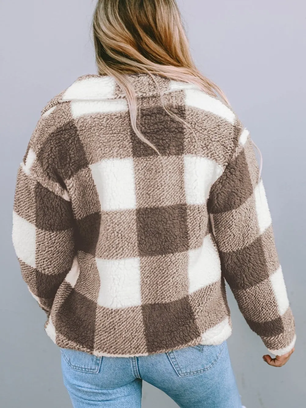 Button-Front Checkered Fleece Jacket