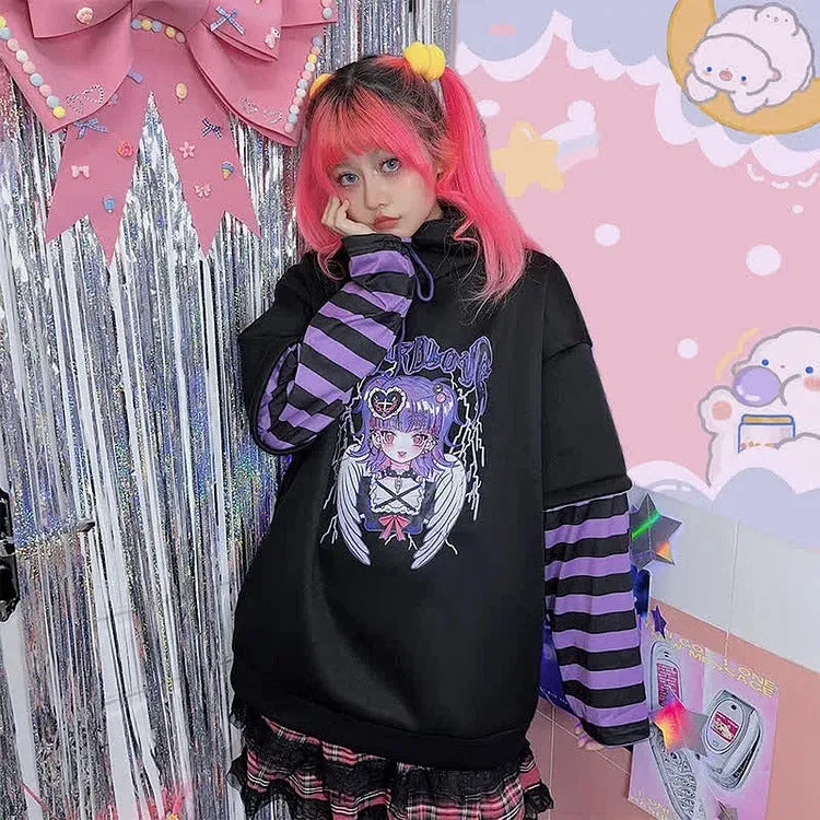 Cartoon Anime Letter Print Striped Sleeve Sweatshirt Hoodie - Gothic Style