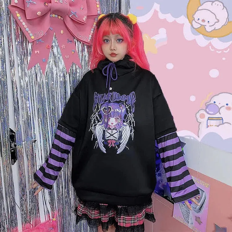 Cartoon Anime Letter Print Striped Sleeve Sweatshirt Hoodie - Gothic Style