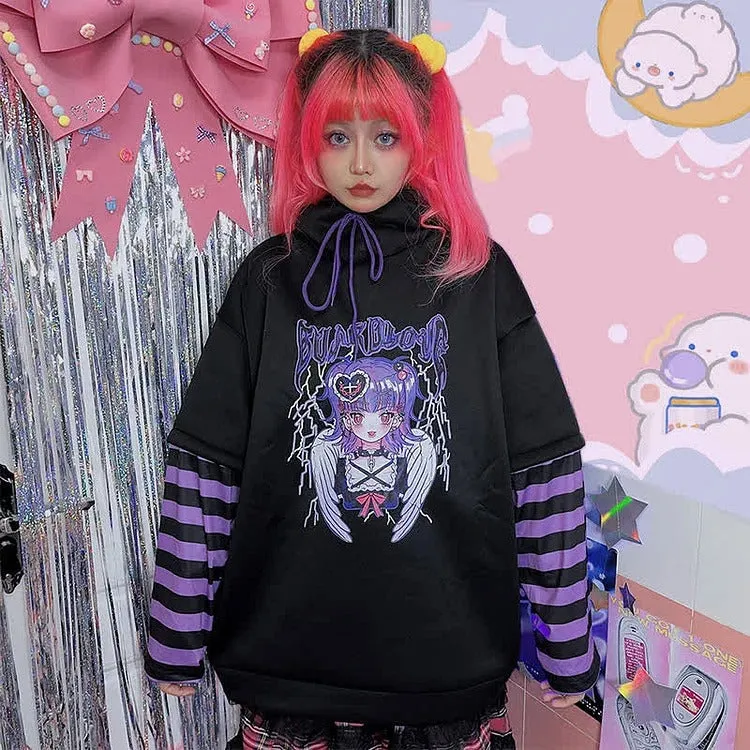 Cartoon Anime Letter Print Striped Sleeve Sweatshirt Hoodie - Gothic Style