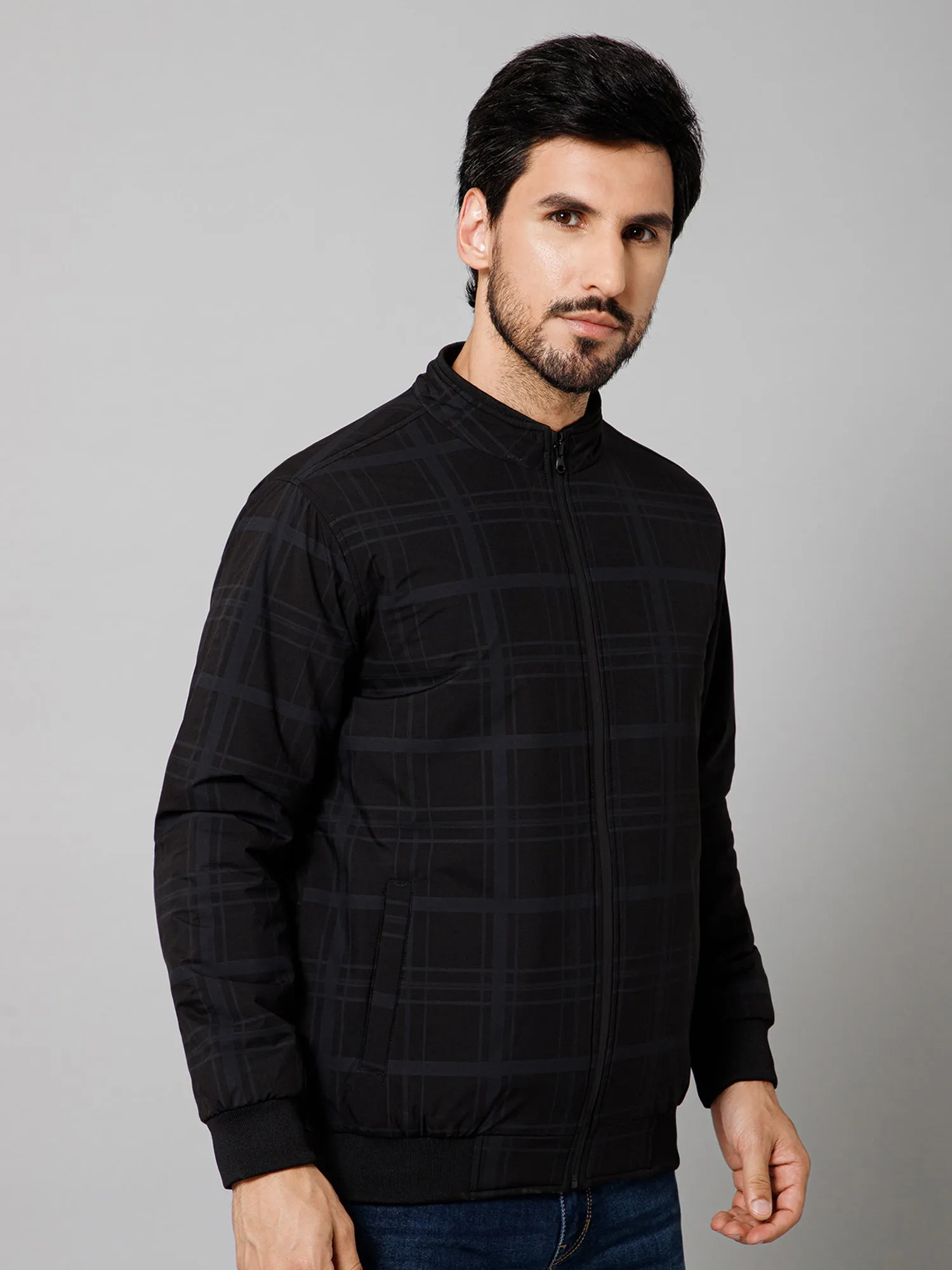 Checkered Full Sleeves Mock Collar Regular Fit Black Casual Jacket For Men