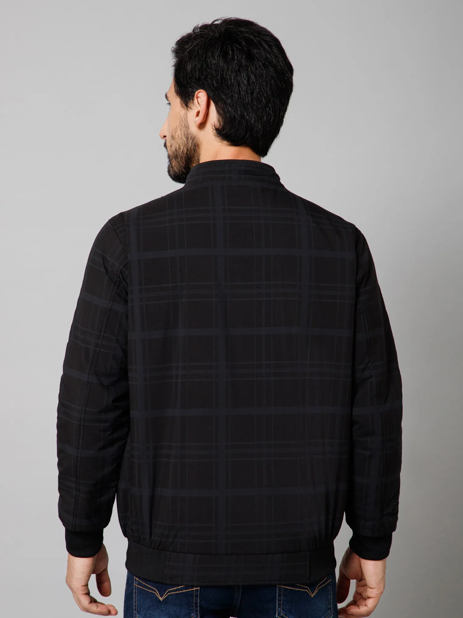 Checkered Full Sleeves Mock Collar Regular Fit Black Casual Jacket For Men