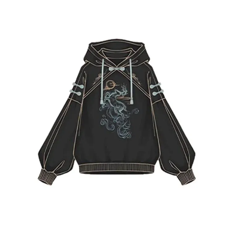 Chic Vintage Deer Embroidery Loose Sweatshirt with Coordinating Hoodie Dress