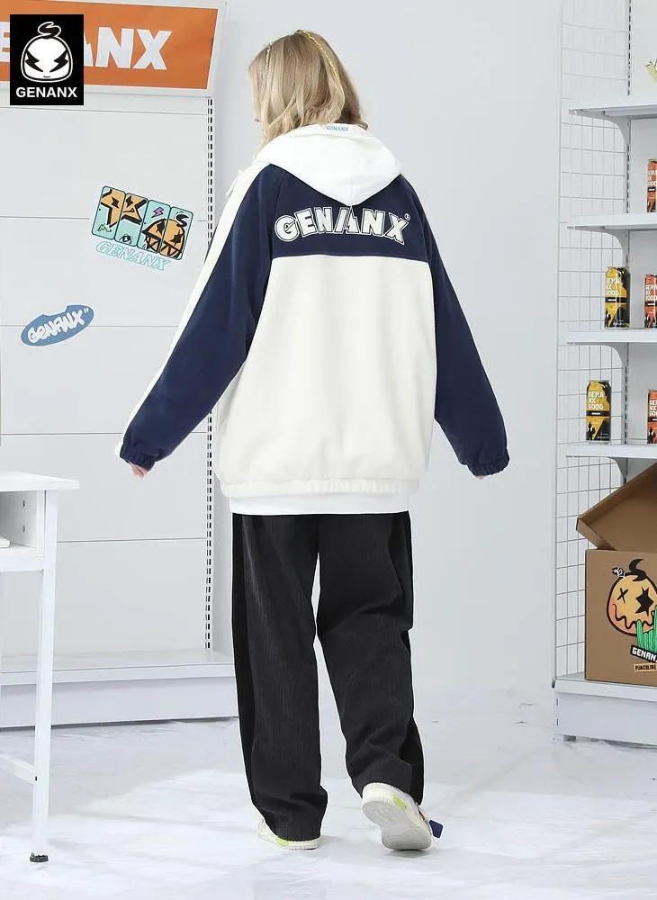 Color Block Letter Embroidery Polar Fleece Jacket