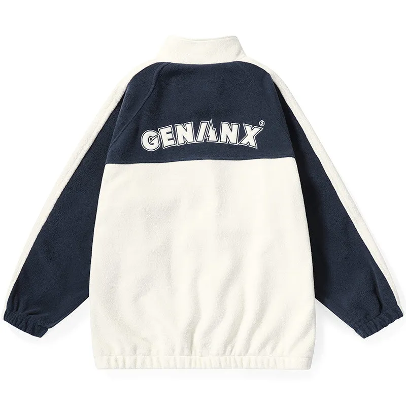 Color Block Letter Embroidery Polar Fleece Jacket