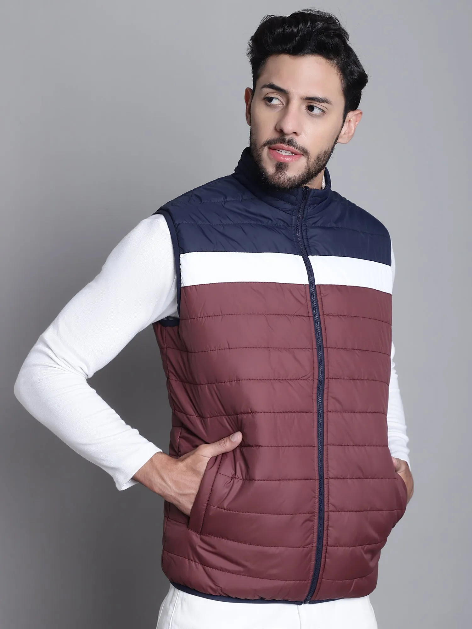 Color-blocked Wine and Navy Sleeveless Mock Collar Regular Fit Reversible Casual Jacket For Mens