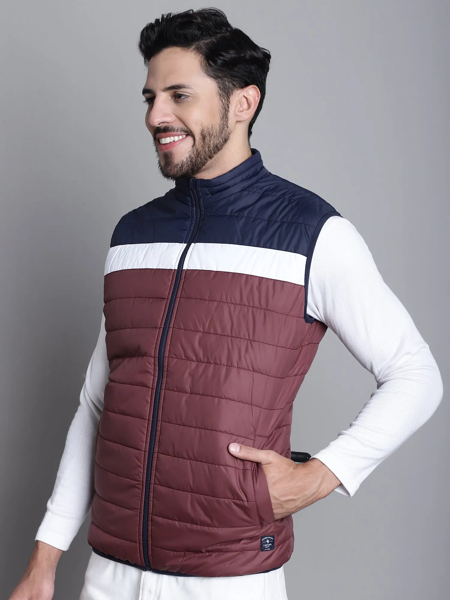 Color-blocked Wine and Navy Sleeveless Mock Collar Regular Fit Reversible Casual Jacket For Mens