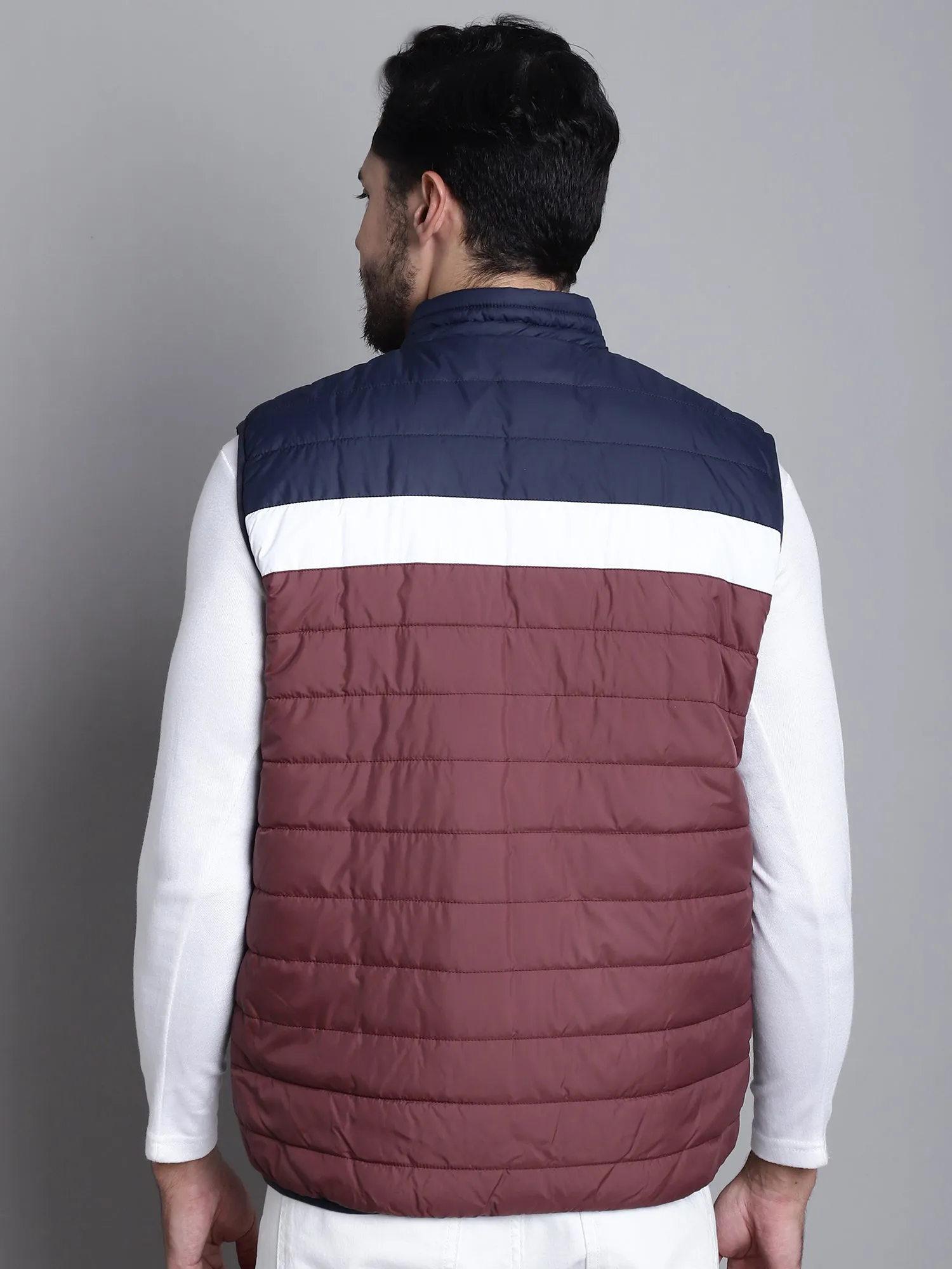 Color-blocked Wine and Navy Sleeveless Mock Collar Regular Fit Reversible Casual Jacket For Mens