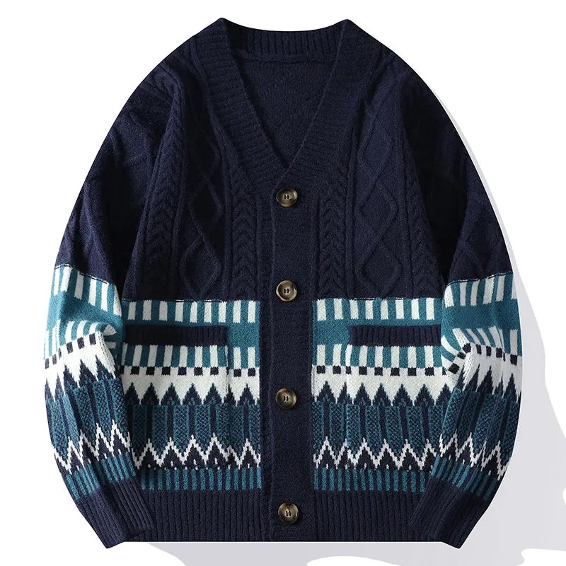 Contrast Tribal Pattern Knit Loose Cardigan