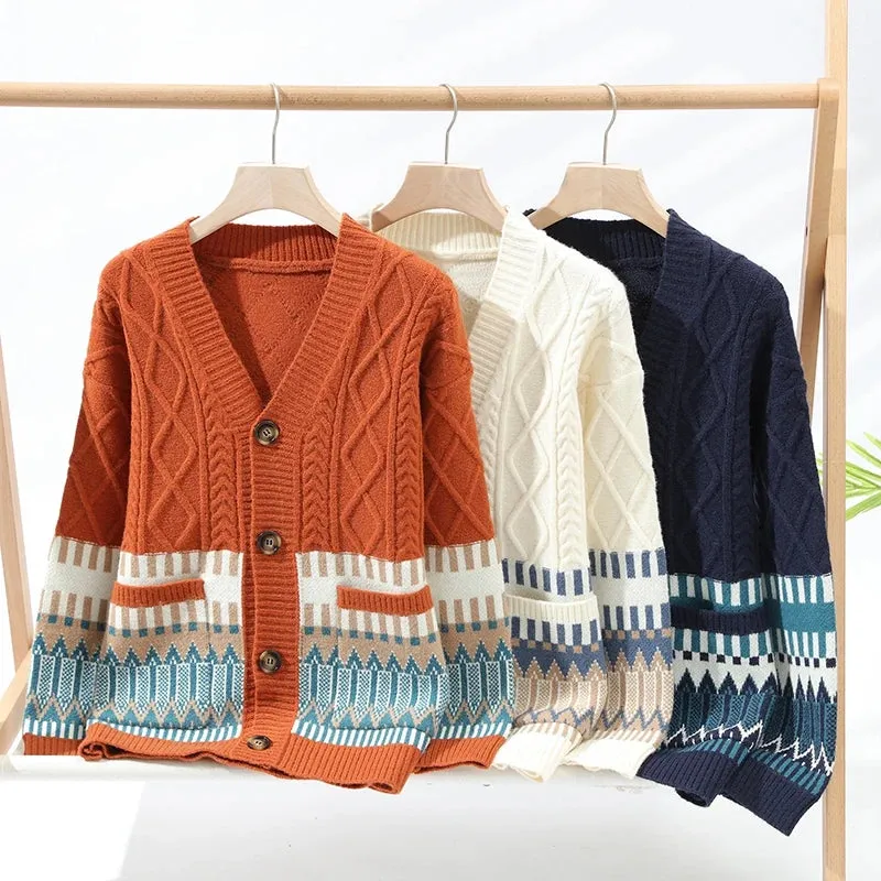 Contrast Tribal Pattern Knit Loose Cardigan