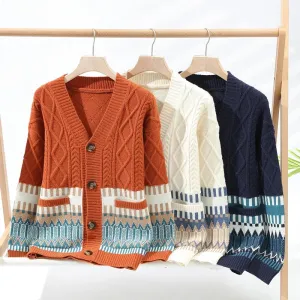 Contrast Tribal Pattern Knit Loose Cardigan