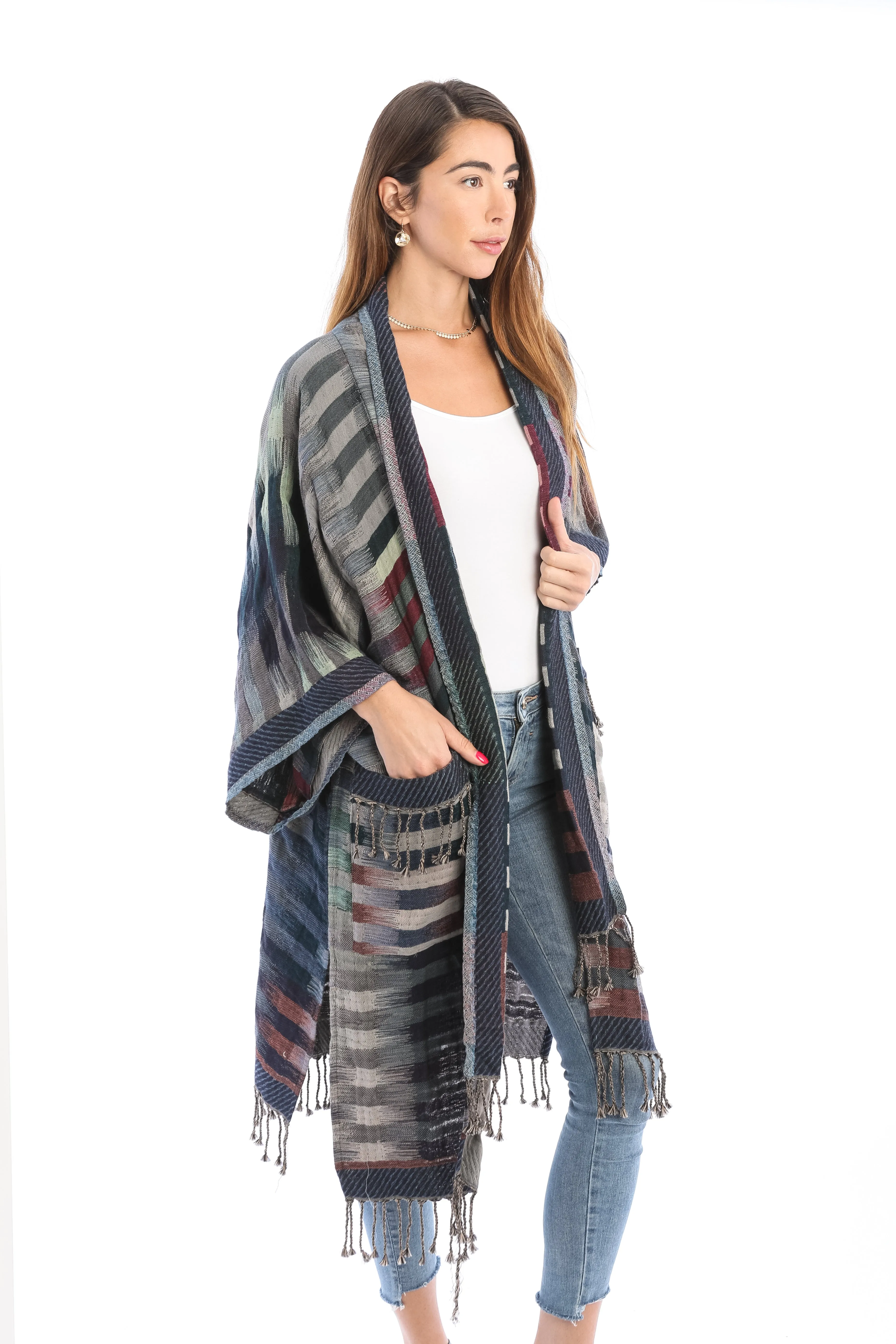 Cotton Retro Striped Fringe Long Jacket