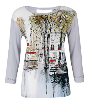 Dolcezza - Street Scene, Scoop Neck, Long Sleeve, Unique Design Artistic Fashion Top