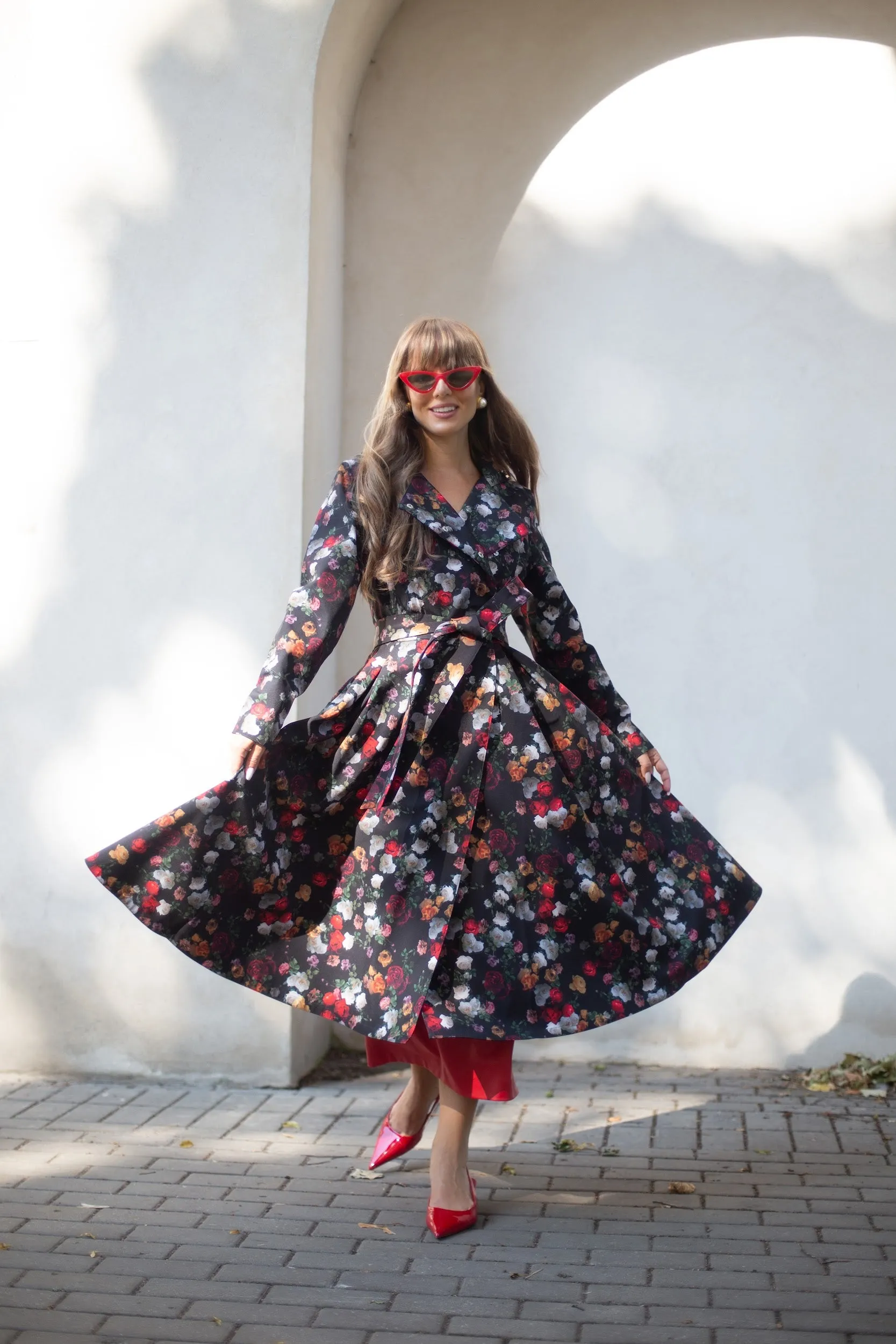 Double Breasted Trench Coat in Black and Red | 'Rose Garden'