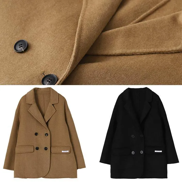 Elegant black Woolen Coat Women trendy plus size coats Notched back side open coat