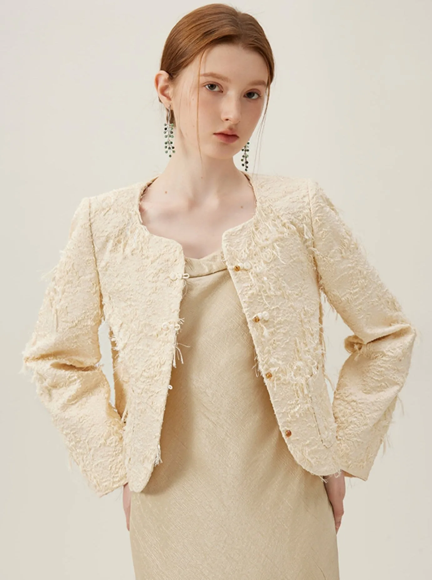 Elegant Boucle Pearl Button Coat