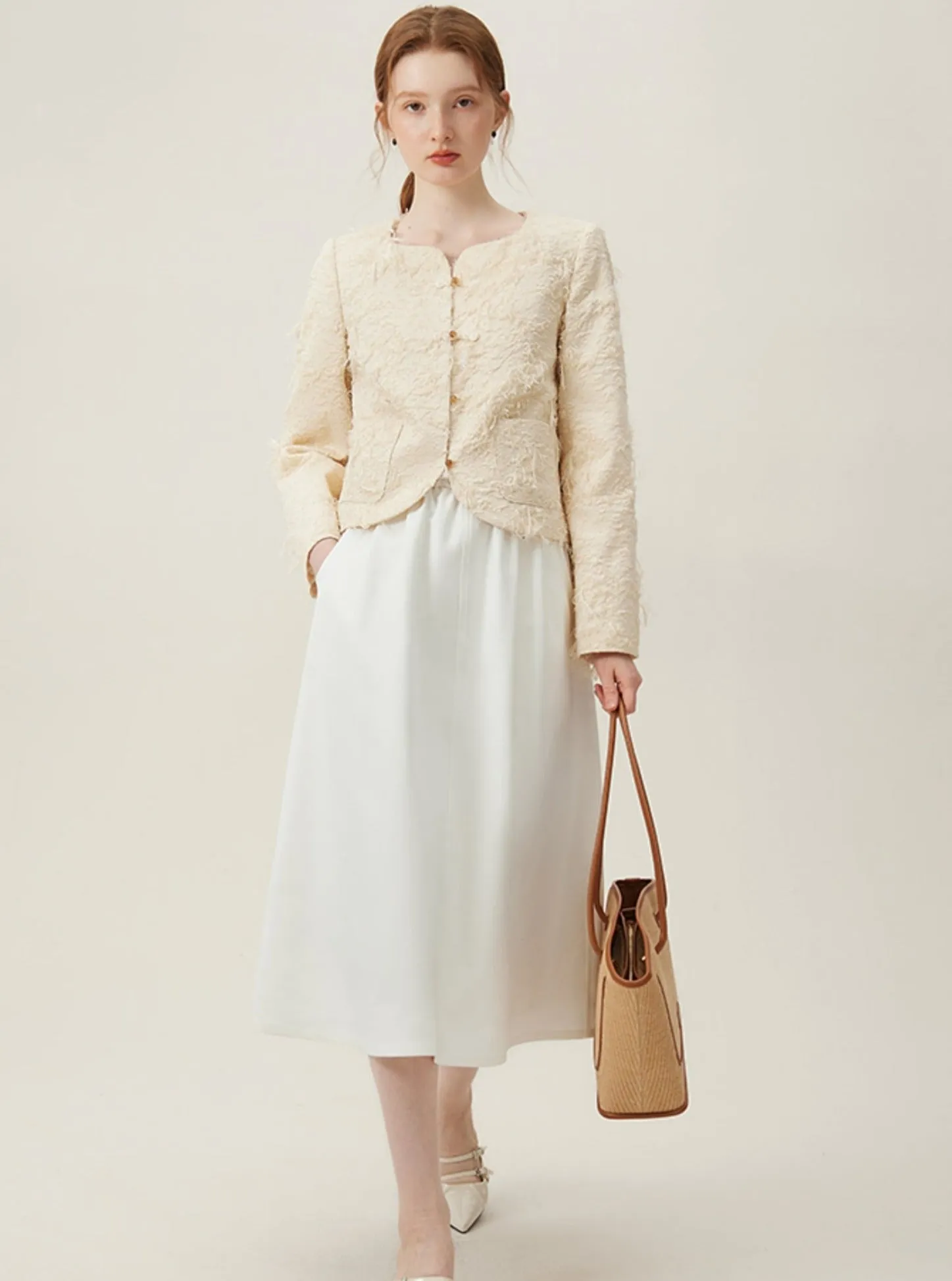 Elegant Boucle Pearl Button Coat